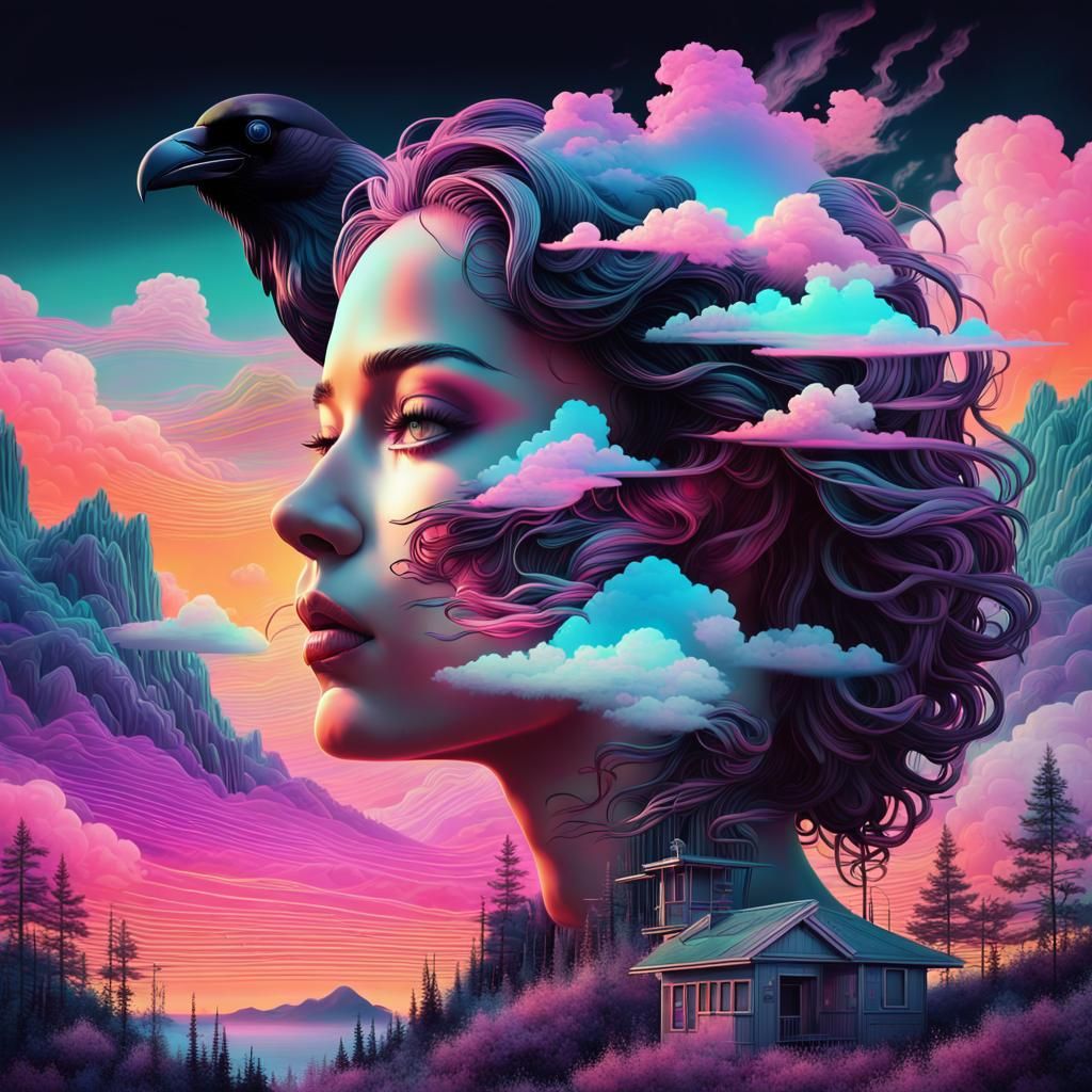 Vaporwave Goddess Emerges from Neon Clouds