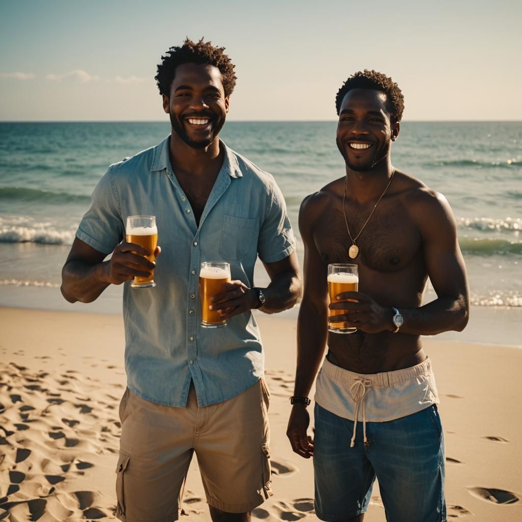Two Black Men Savor Summer on a Warm Beach in Cinematic Bril...