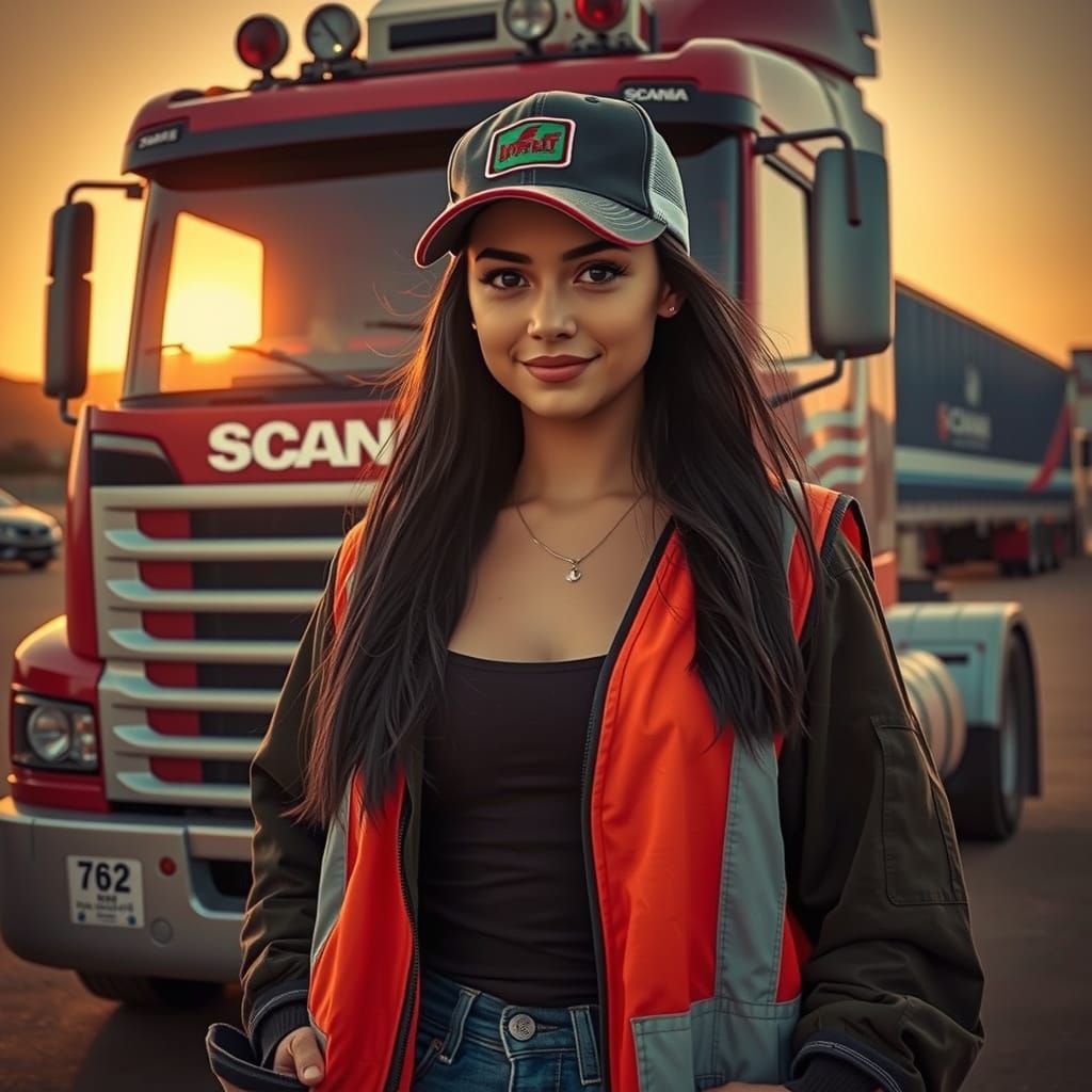 Confident Female Truck Driver in Photo-Realistic Style