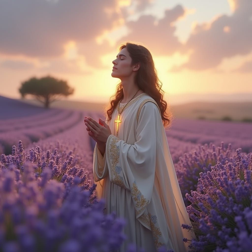 Man in Lavender Field in Prayer as 3D Renaissance Painting
