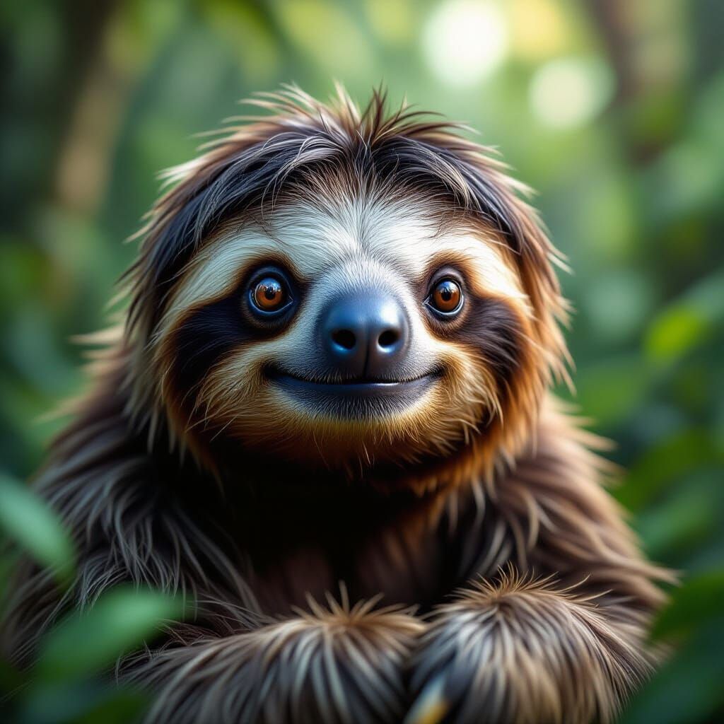 Hyper-Realistic Sloth Portrait in Rainforest Setting