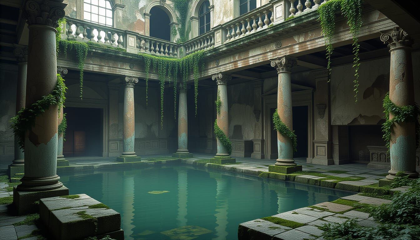 Overgrown Roman Baths in Ruins: Chiaroscuro Digital Art