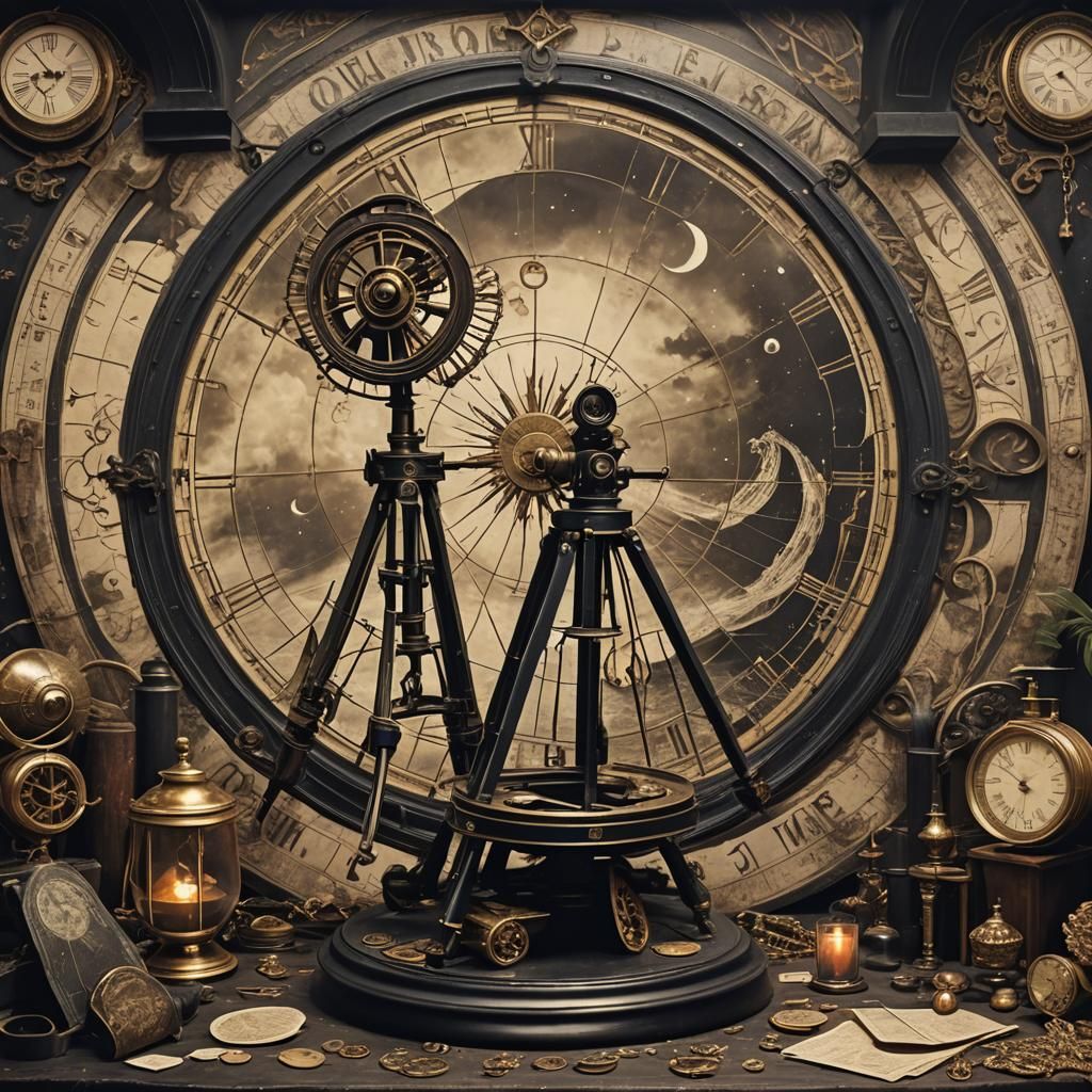 Goth Fashion Model Amidst Haunted Portraits and Astrolabe