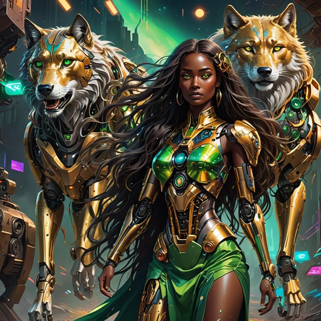 Cyborg Goddess Unveiled in Vibrant Cosmic Realm