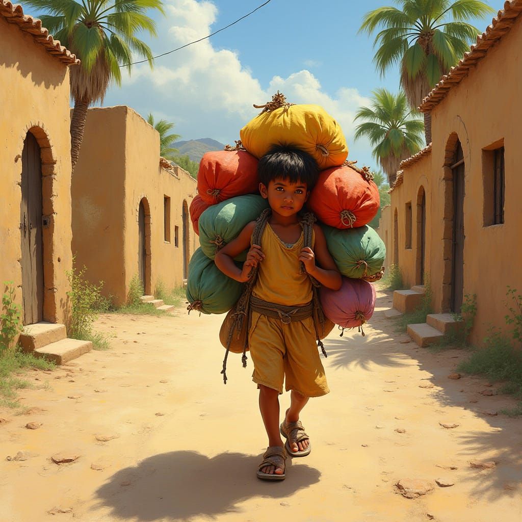 Young Boy Carrying Colorful Loads in a Vibrant Village Scene