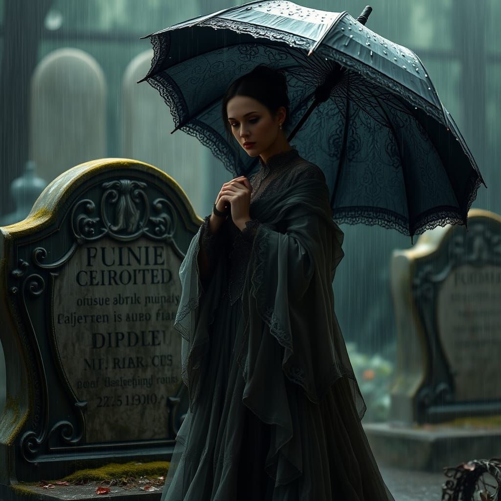 Elegant Victorian Lady in Rainy Mourning