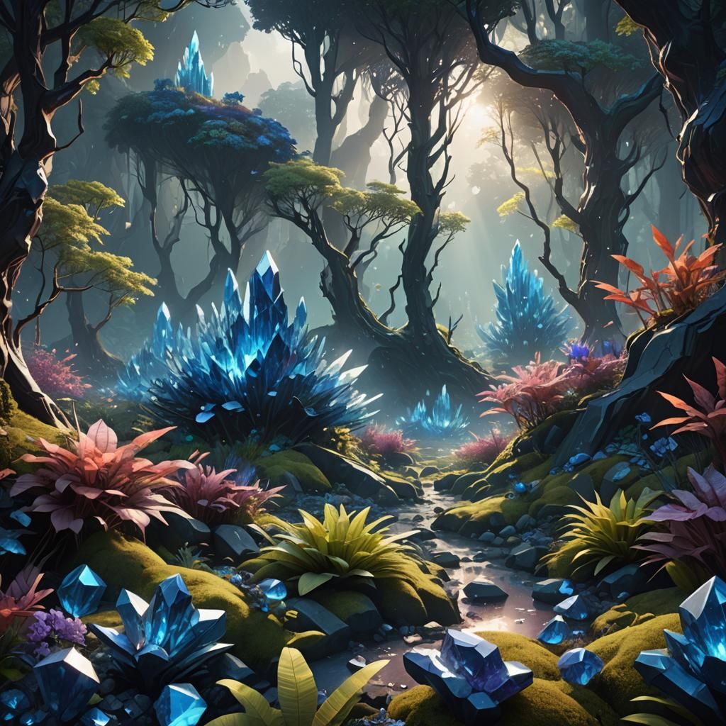 Mystical Sapphire Crystal Forest in Vibrant Digital Art