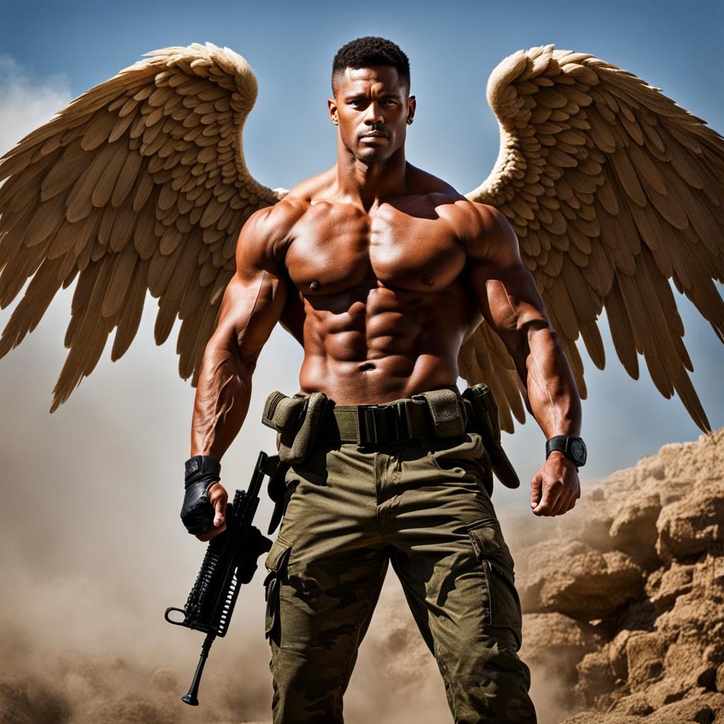 Strong Guardian Angel in Distressed Military Attire