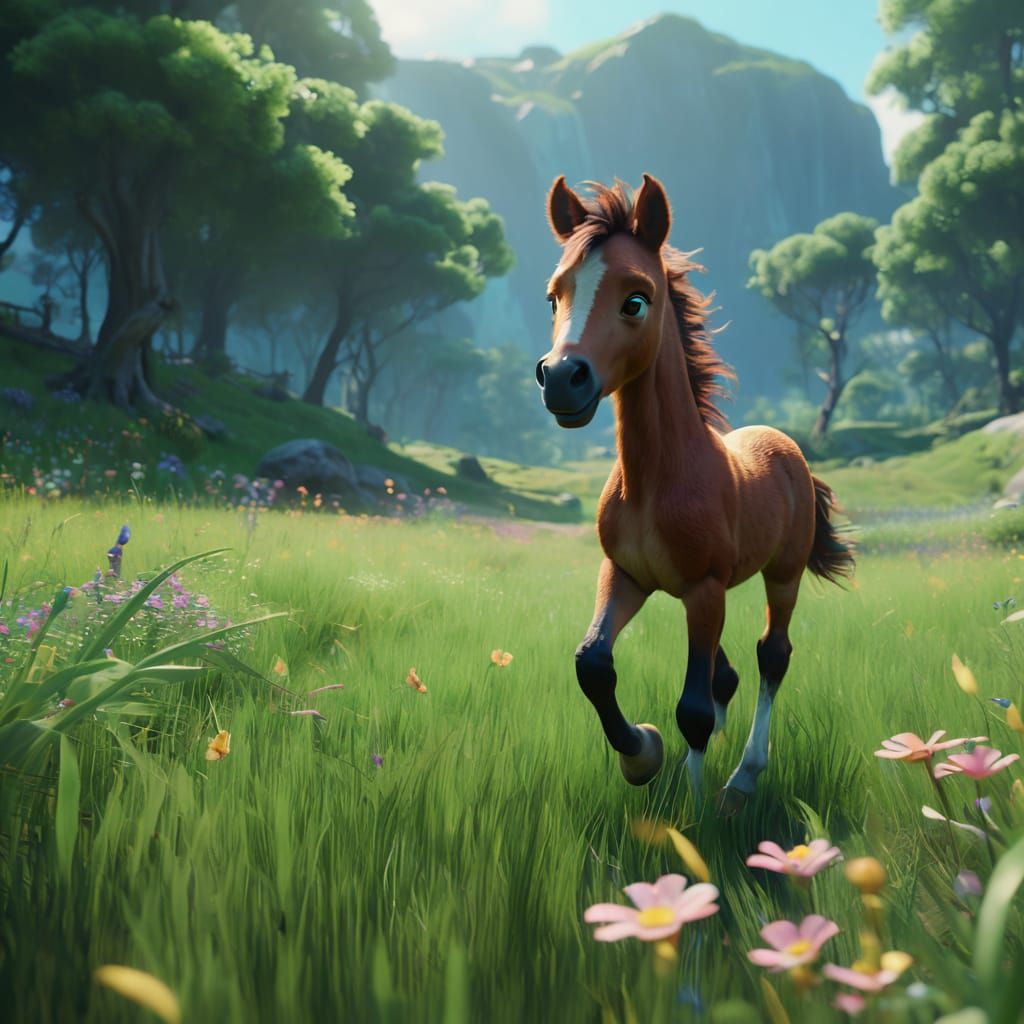 Lush Meadow Foal in Vibrant 3D Digital Art