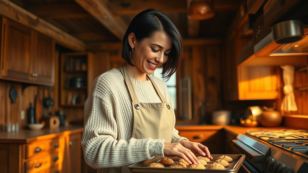 Cozy Woodland Kitchen Scene with Baking Woman