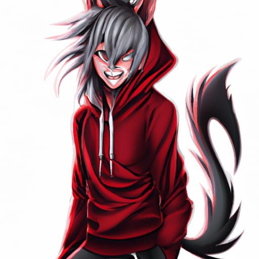 Dark Demon Boy in Red Hoodie with Sharp Teeth