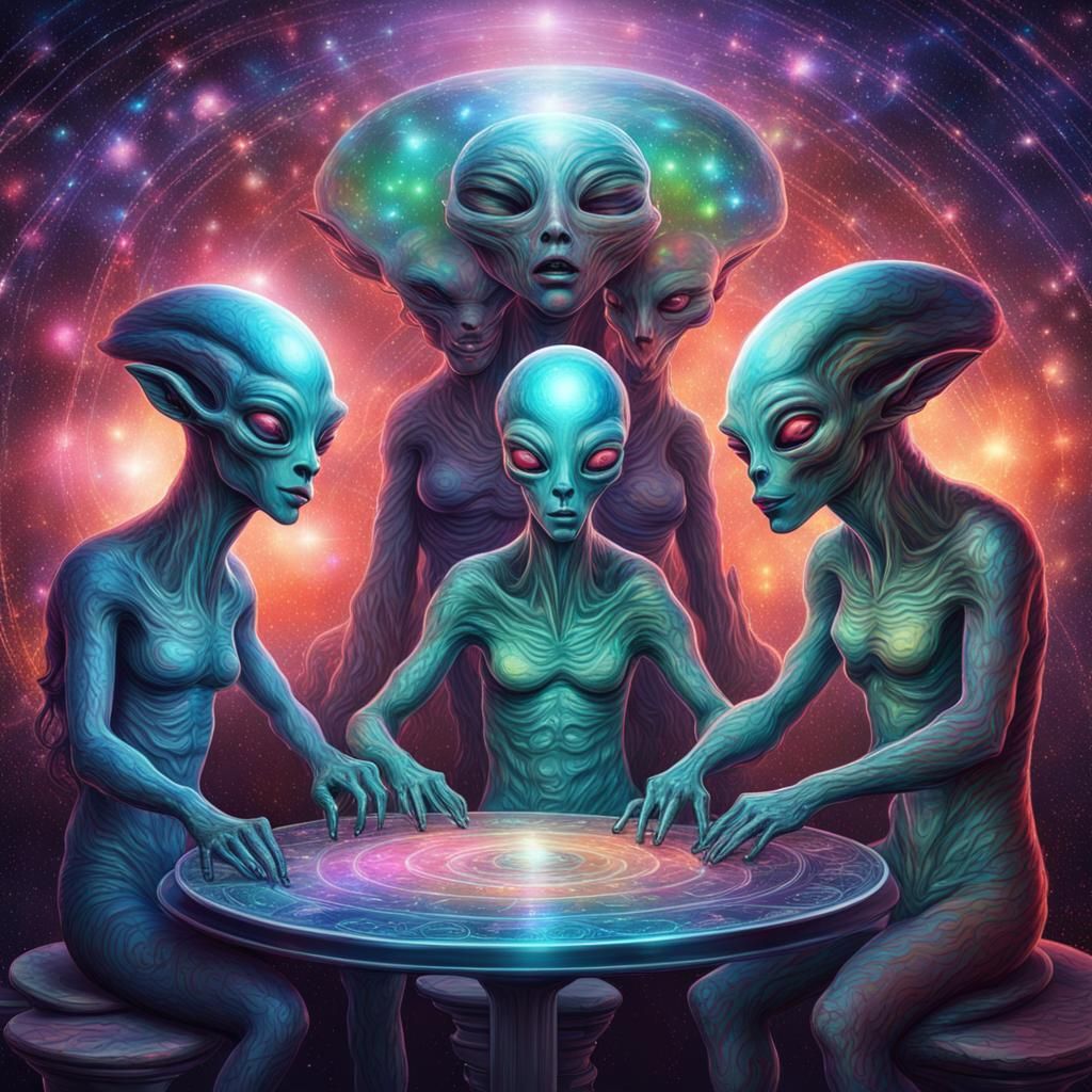 Alien Podcasters in Cosmic Holographic Art