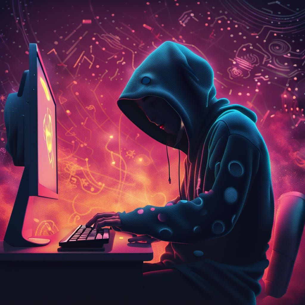 Dark Fantasy Concept Art of Hooded Figure Typing on Keyboard