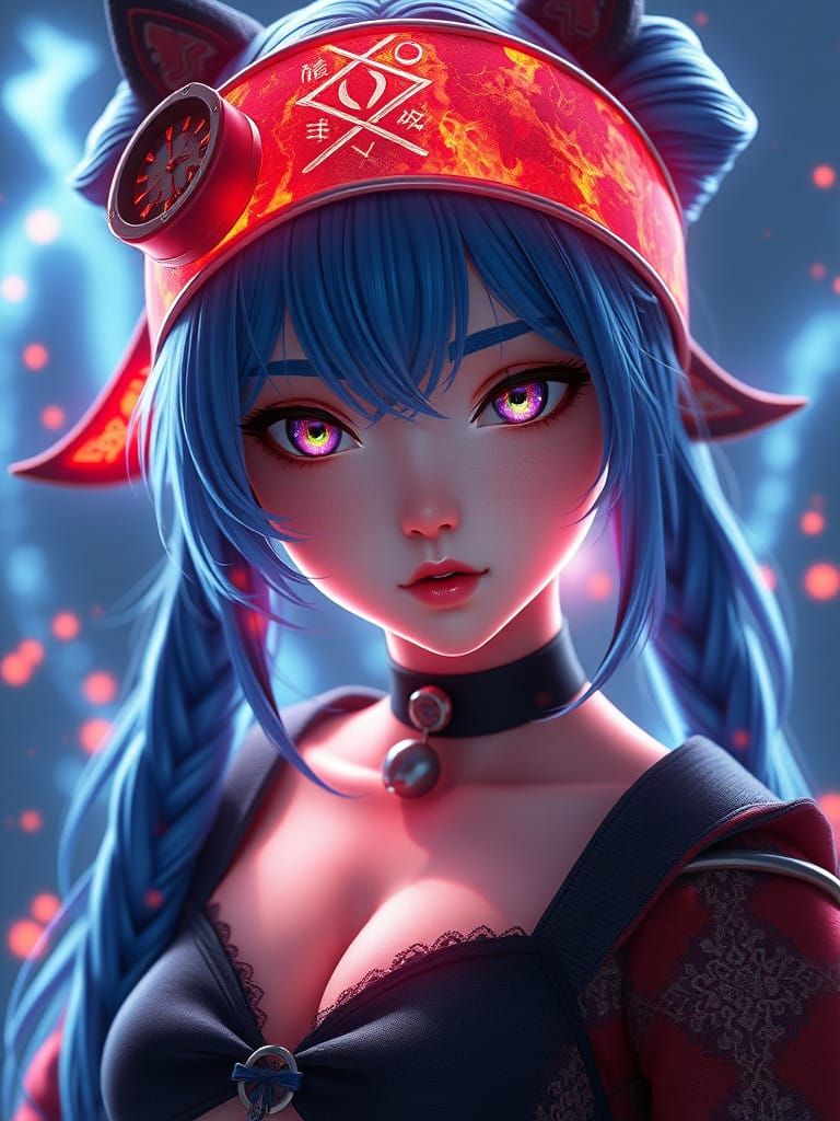 Blue hair Girl, lava  highlights, By artist "anime", 3d anime art, inspired by WLOP, Artstation, #genshinimpact pixiv, e...