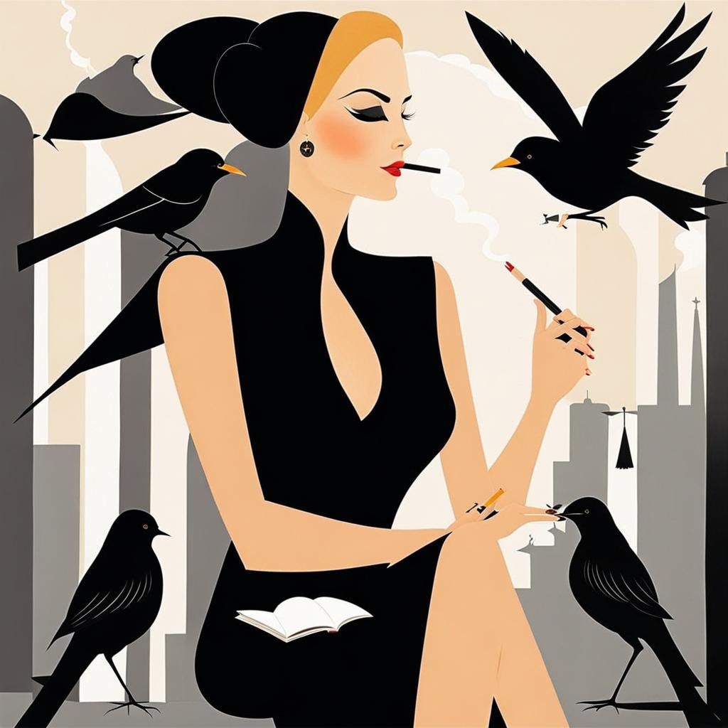 Birds waiting upon chic lady