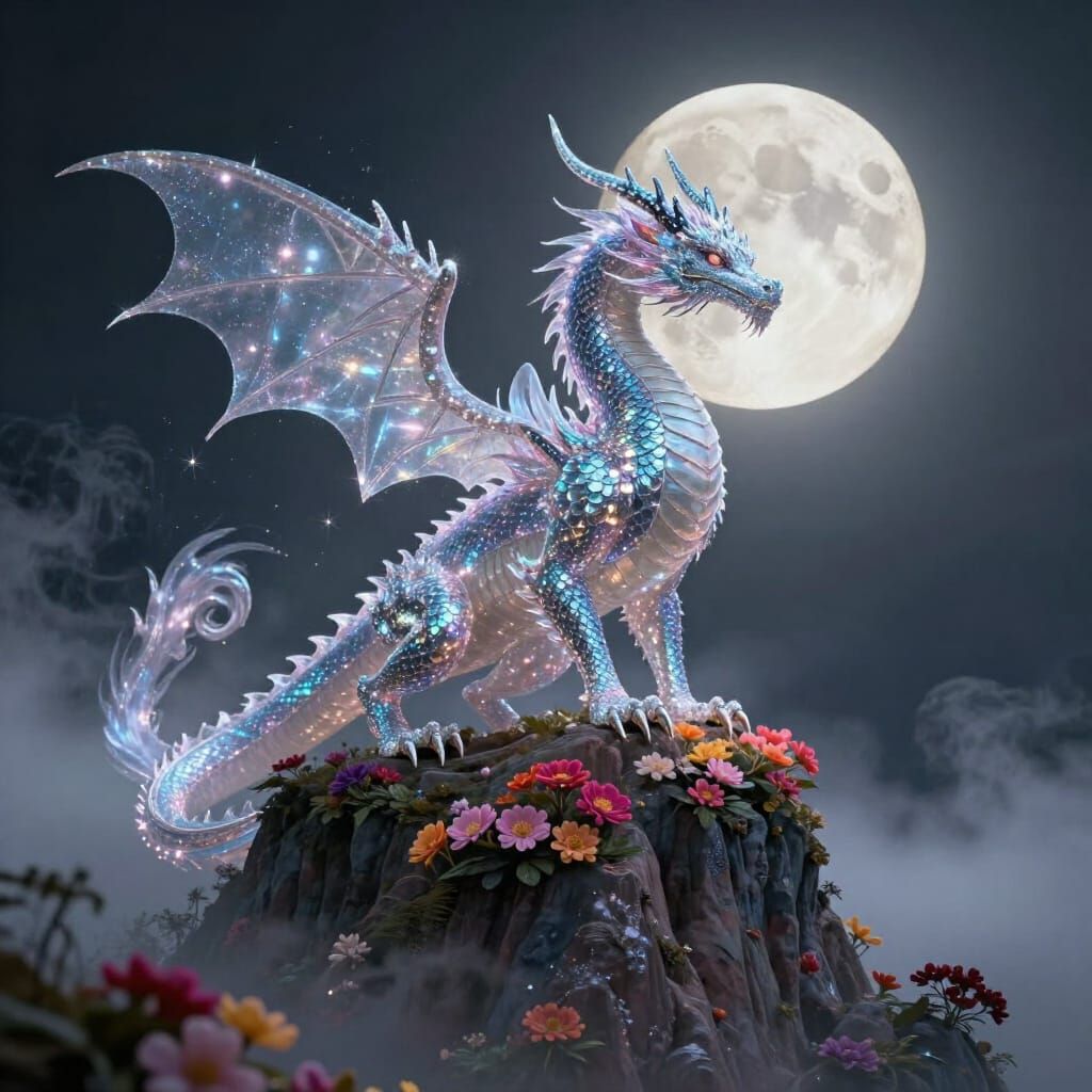 Sparkly Dragon on Floral Mountain Under Full Moon