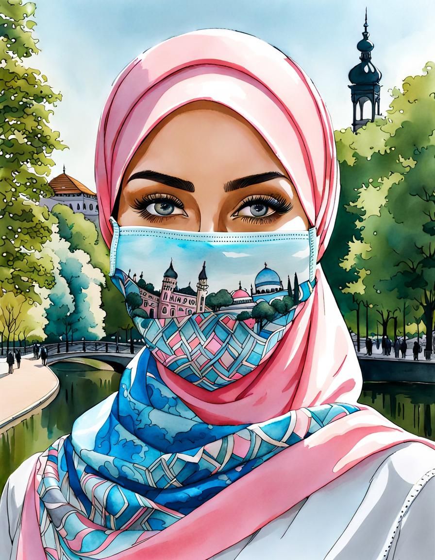 German Woman in Hijab Portrait: Watercolor Ink Drawing