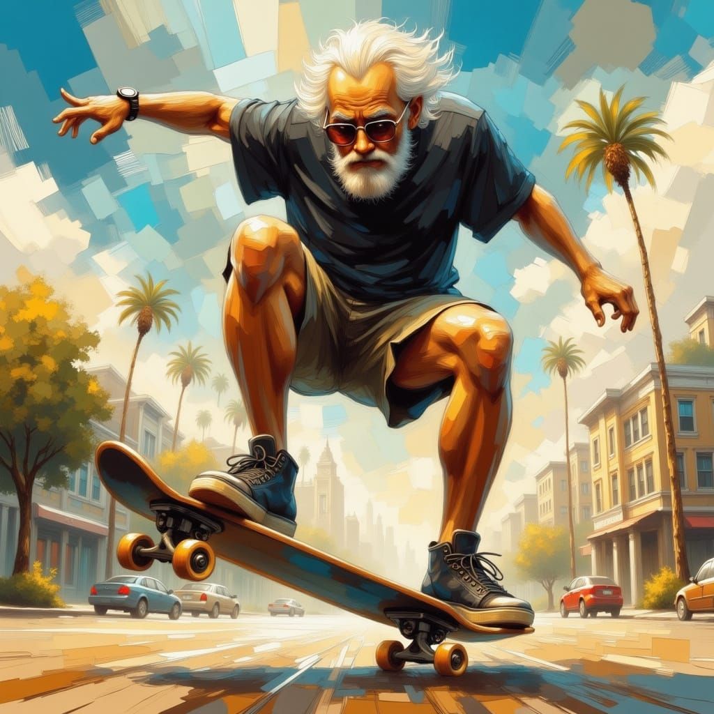 Grandfather Kickflips with Child in Impasto Style