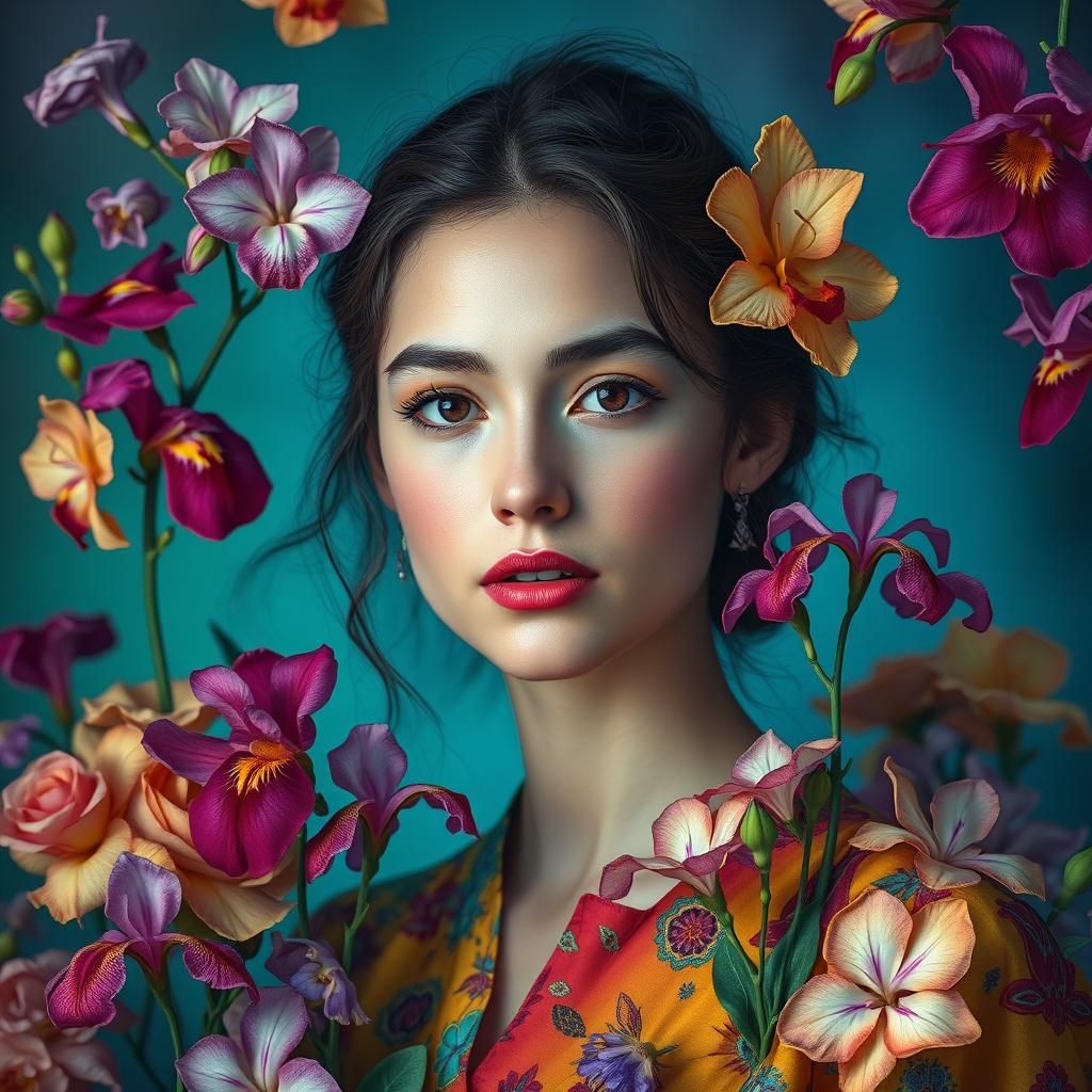 Woman Among Vibrant Floral Arrangements in a Dreamlike Conce...