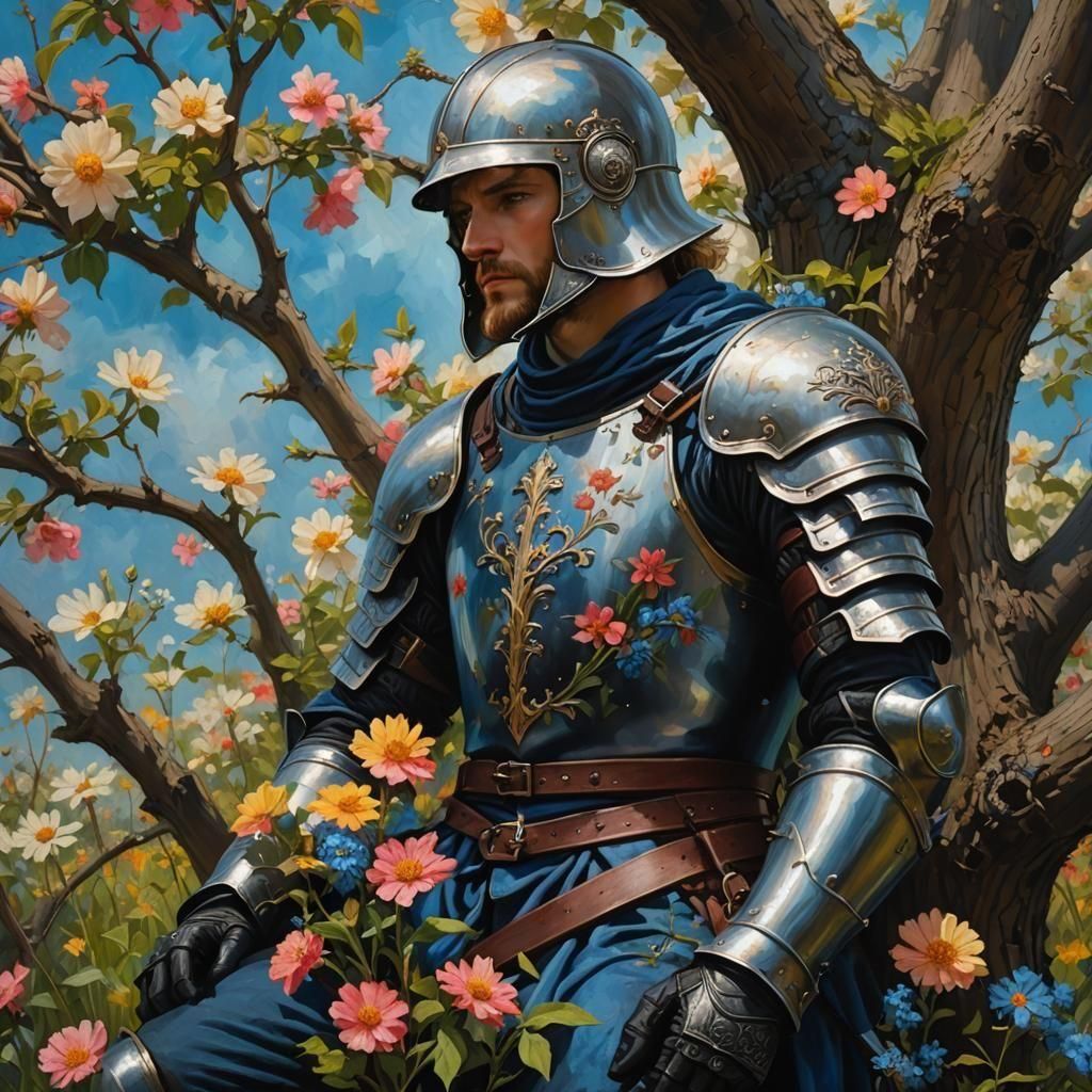 Young Knight in a Flower Field Oil Painting