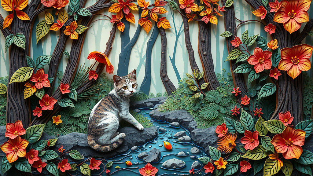 Vibrant Whimsy: A Cat's Streamside Sanctuary in Hypermaximal...