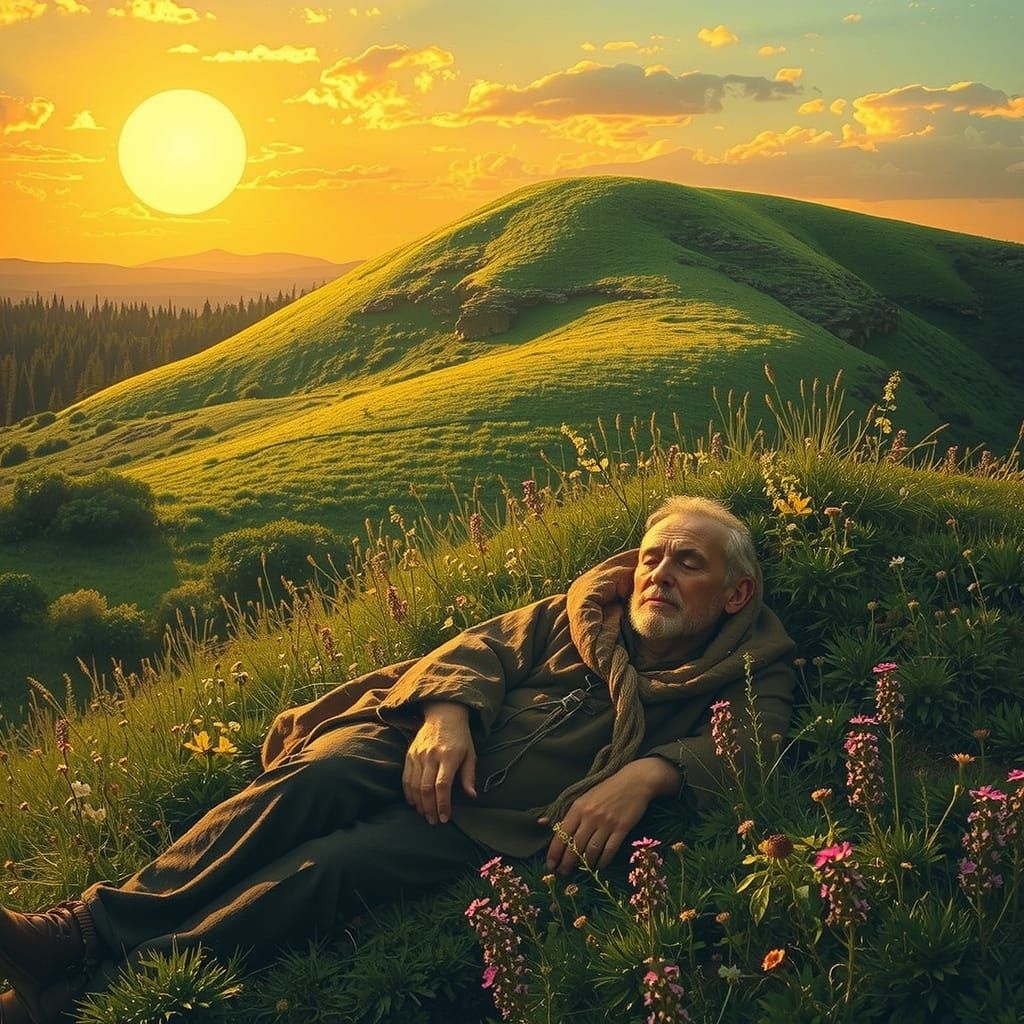 Surreal Landscape of a Weary Traveller Under the Emerald Hil...