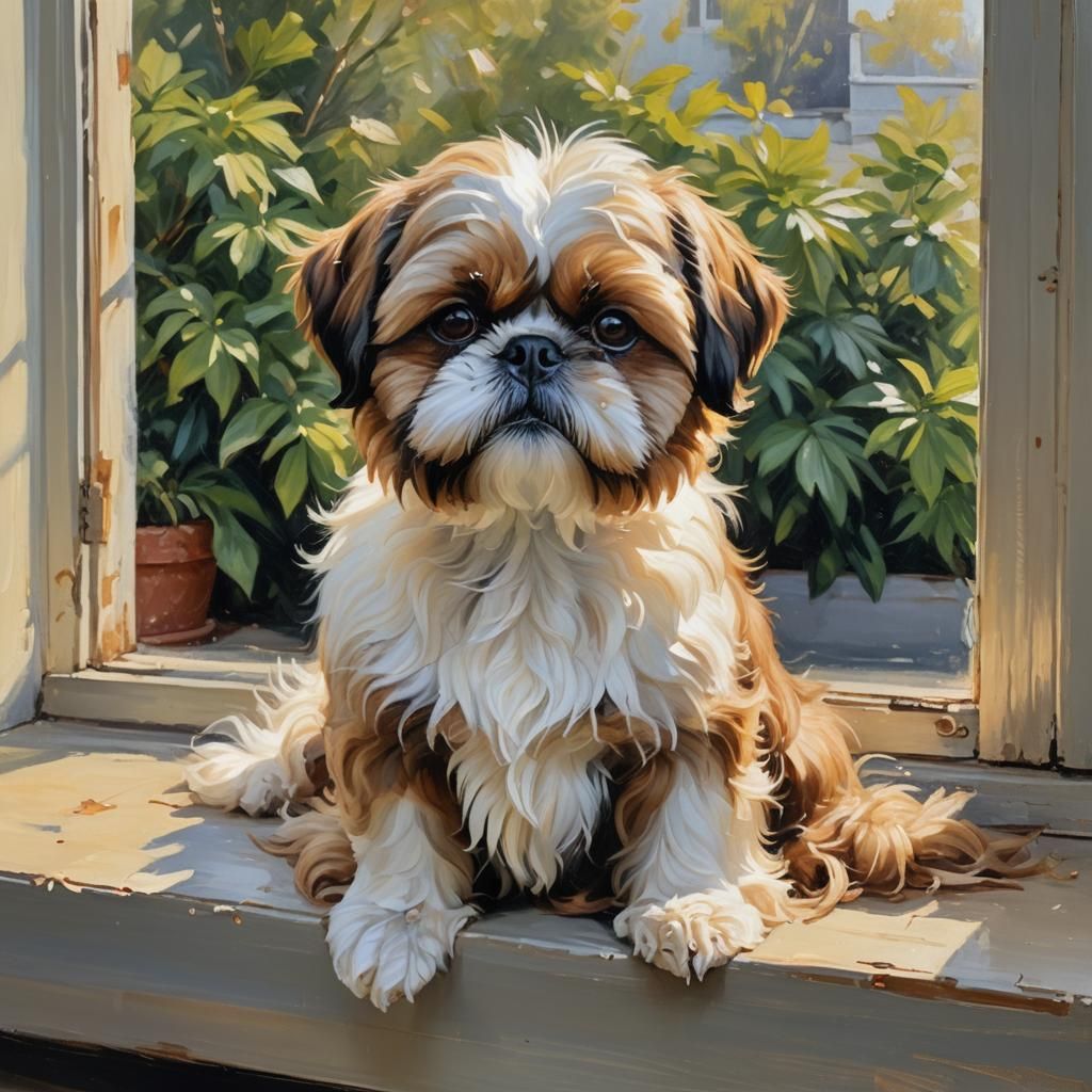 Elegant Shih Tzu Sticks Head Out Window in Impressionist Oil...