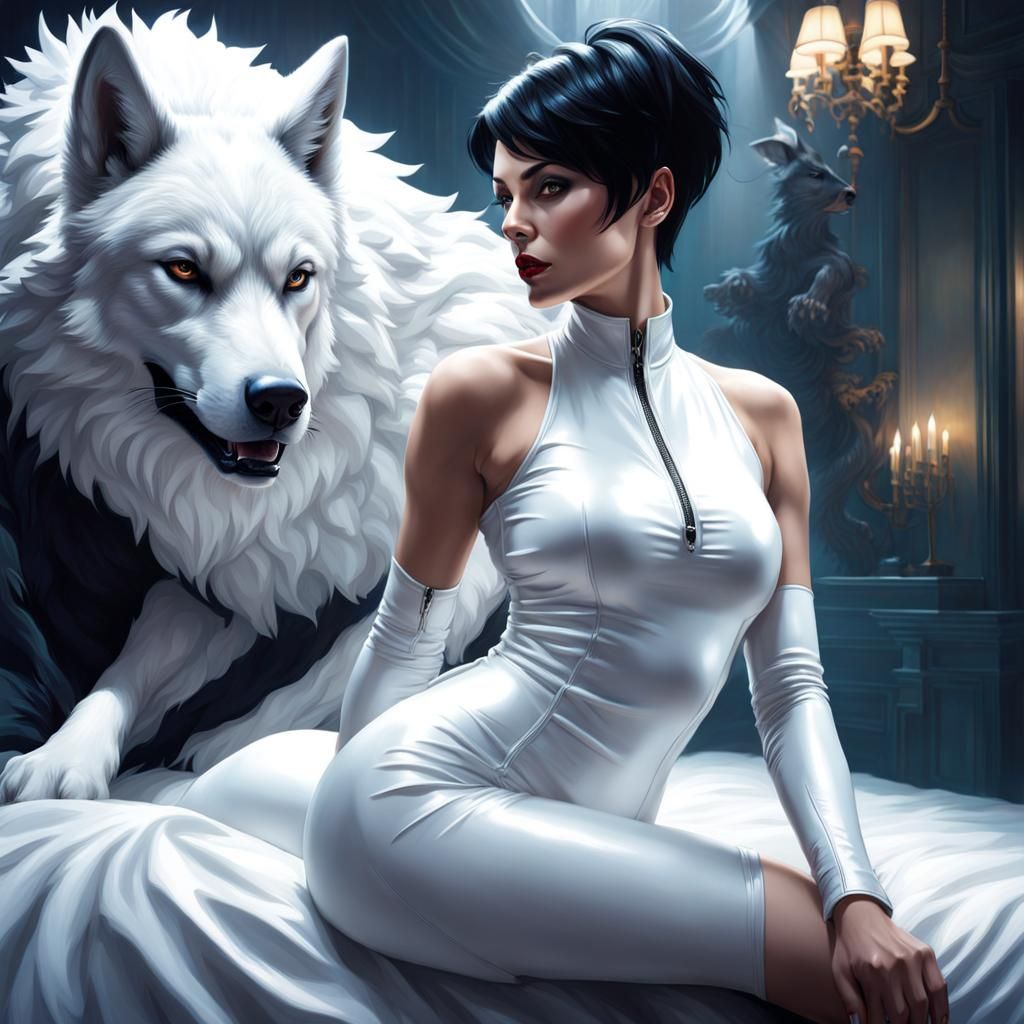 Ethereal Woman Confronts Wolf in Sinister Bedroom Scene