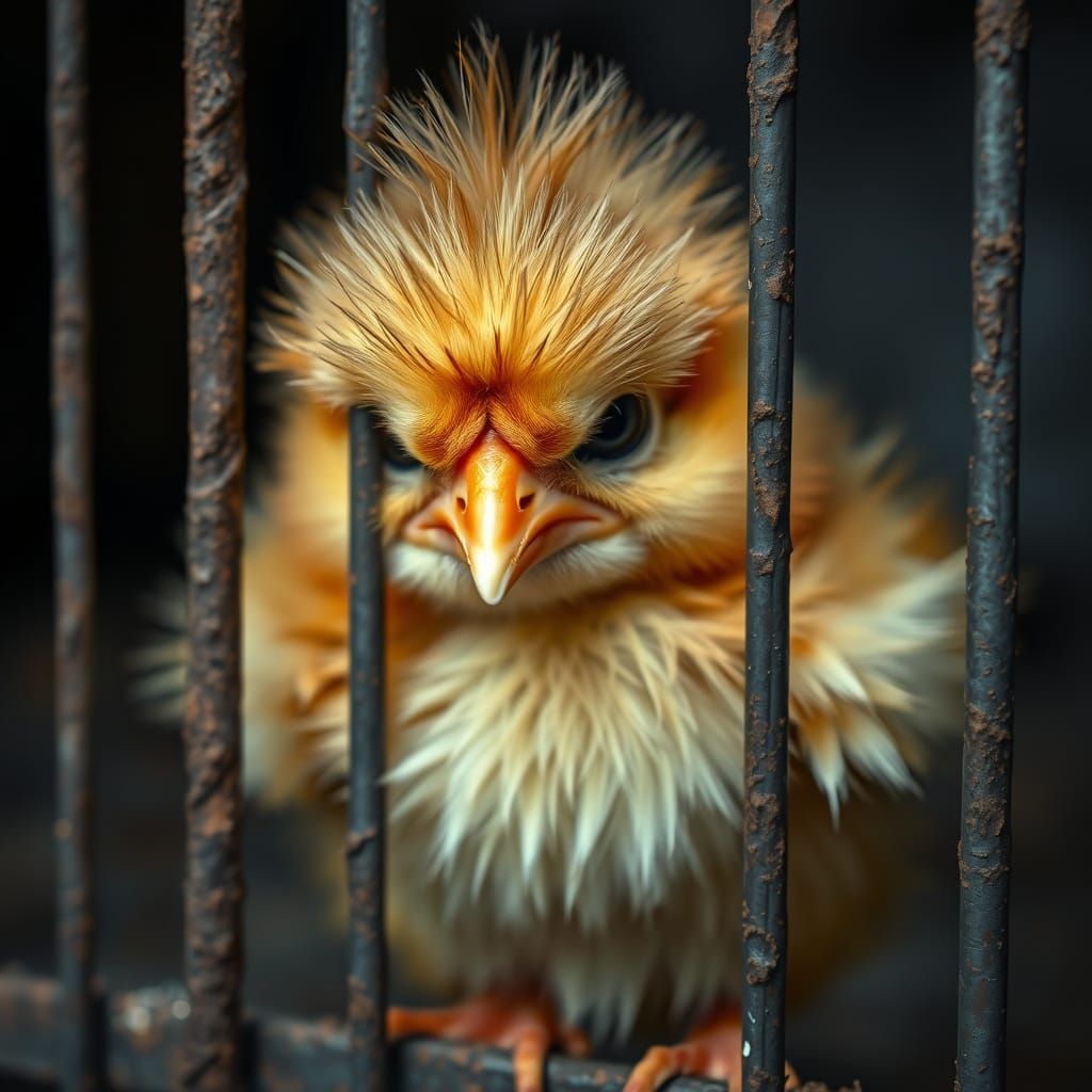Distressed Chick Behind Bars: Photorealistic Tantrum