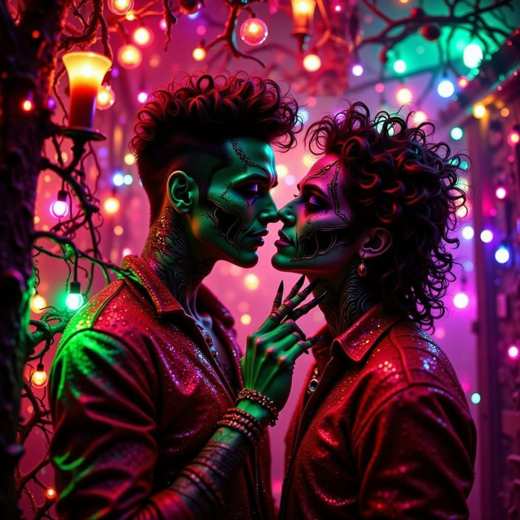 Neon Pop Noir Zombie Couple Christmas Crypt Kiss