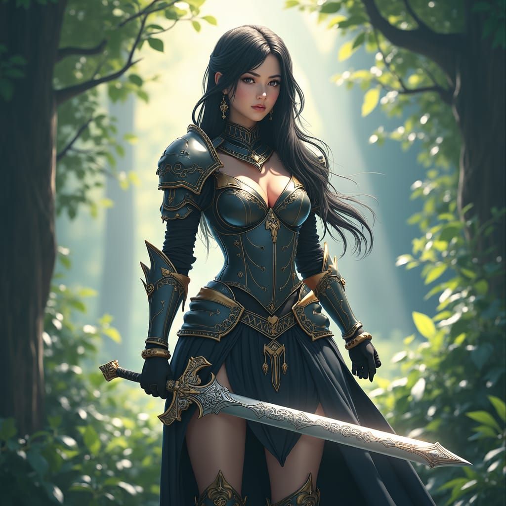 Regal Female Knight in Vibrant Forest Landscape