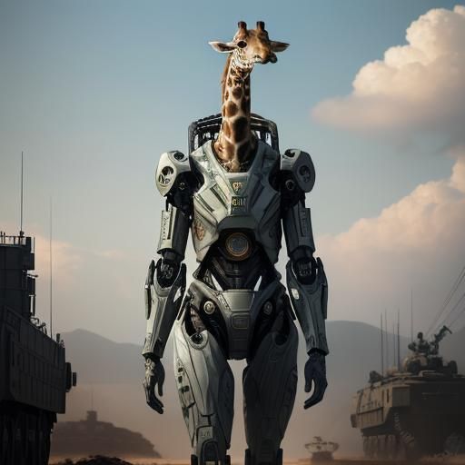 Giraffe Robot Emerging from Tank, Sci-Fi Hybrid Creature