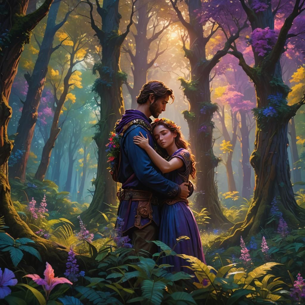Romantic Fantasy Forest Scene in Vibrant Oil Painting Style