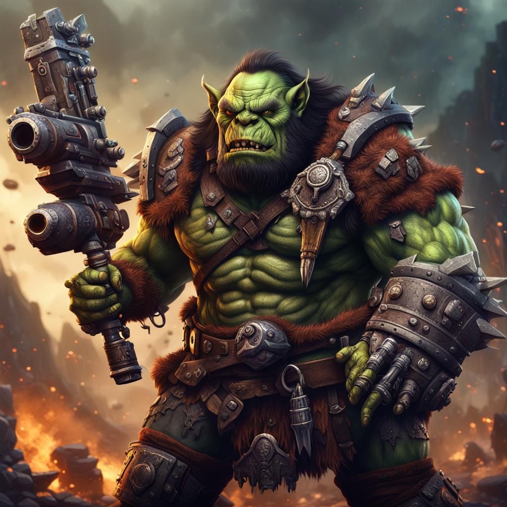 Vicious Cyberpunk Orc Wields Blazing Mini-Gun