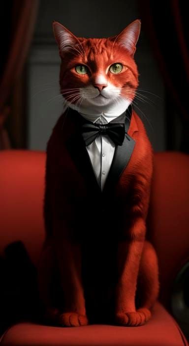 Red cat wearing a tuxedo