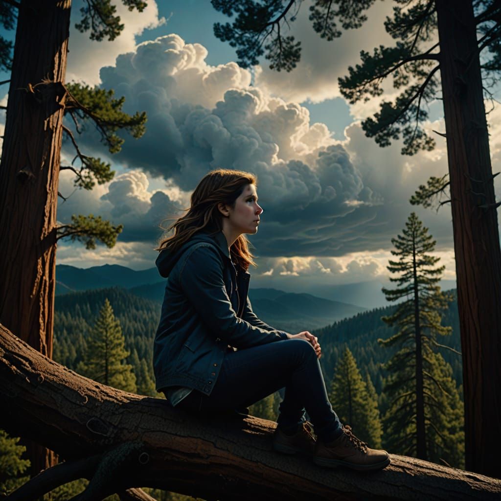 Anna Kendrick on Redwood Tree Top Under Thunderclouds