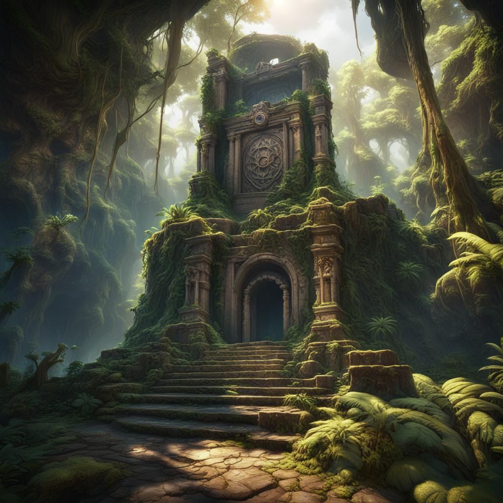Majestic Sunlit Jungle Tomb in Fantasy Realism