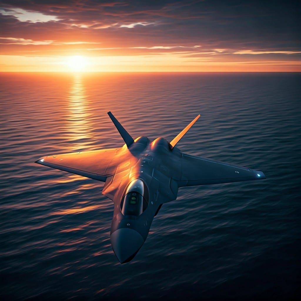 Surreal Stealth Jet Emerges from Sunset Ocean