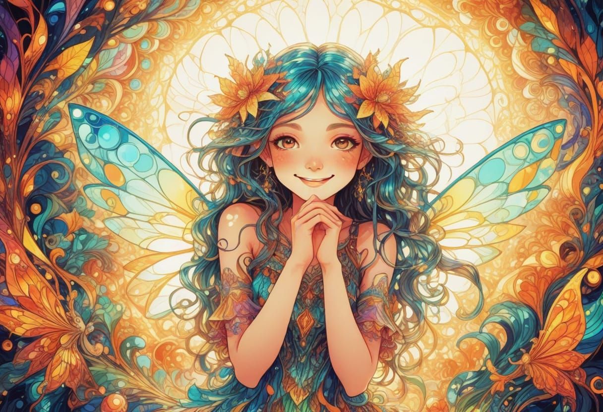 Psychedelic Manga Fairy with Neon Colors and 3D Shading