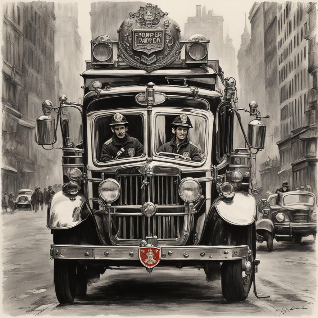 Firefighter Helmet Placed on a Fire Truck Hood in a Distorte...