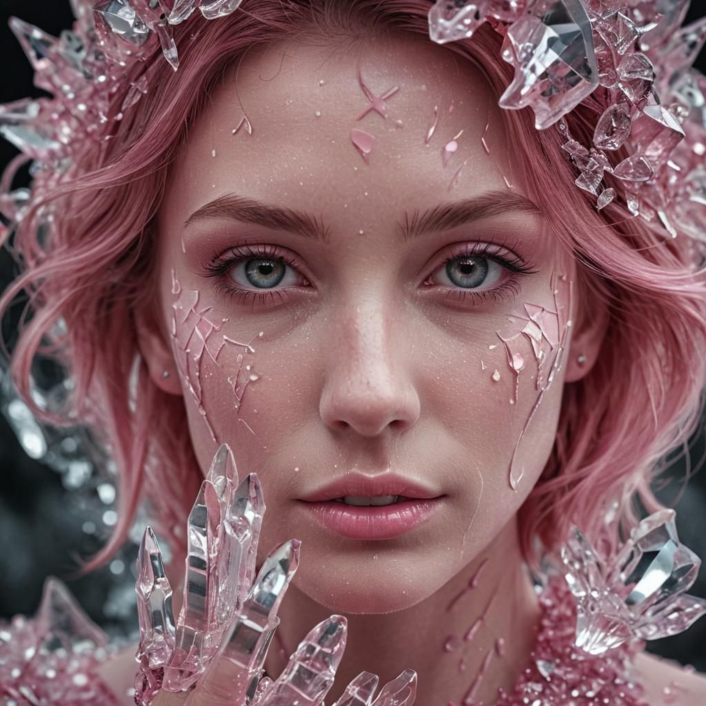 Hyperrealistic Portrait of a Pink Woman in a Crystal Ice Atm...