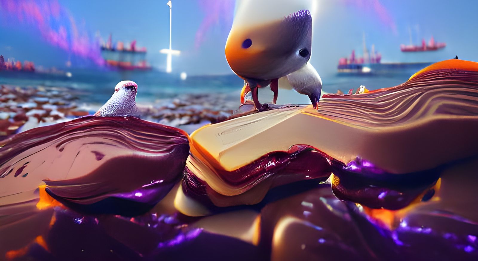 Seagull Contemplating Chocolate Waves in Vibrant Digital Art