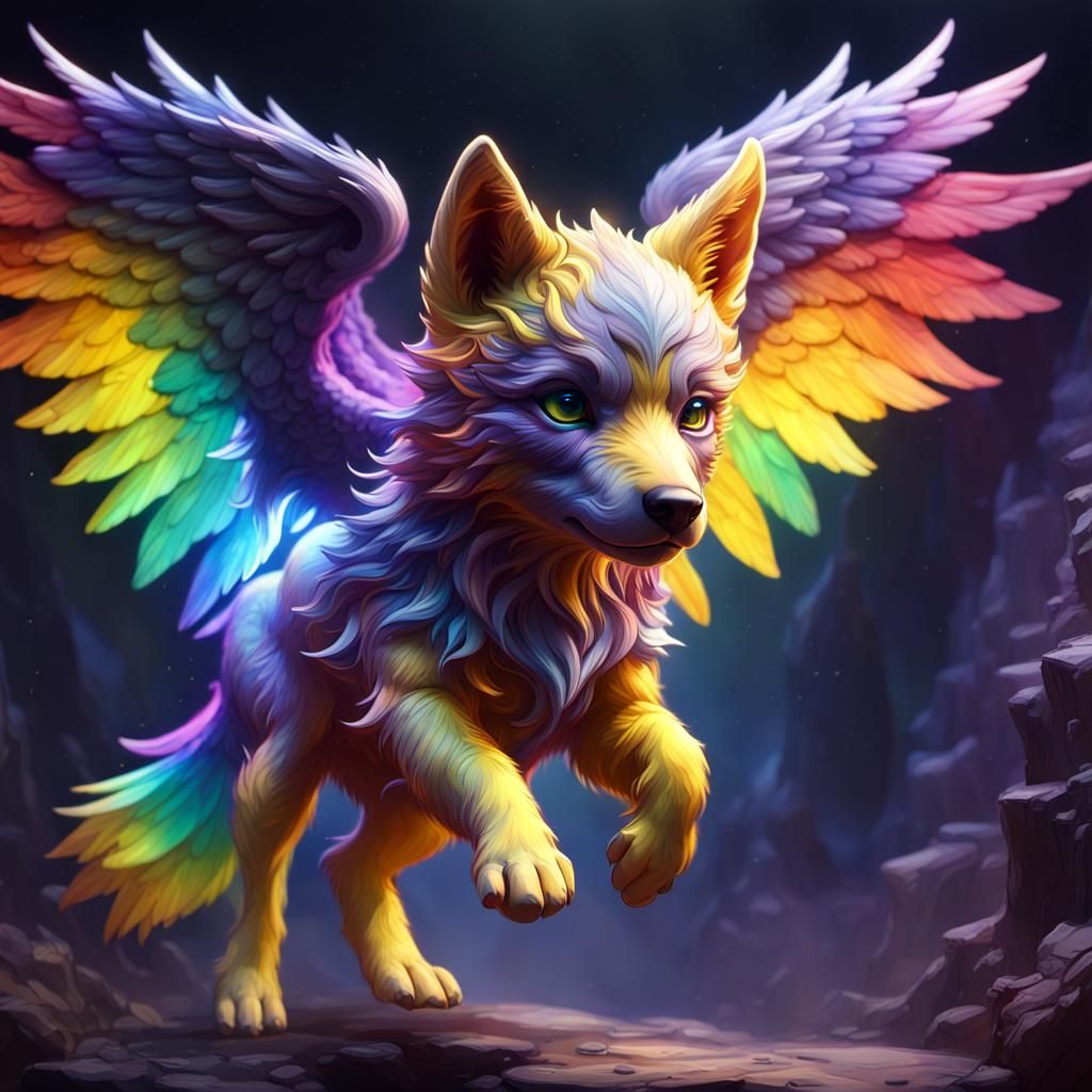Ethereal Dark Fantasy Wolf Pup Takes Flight in Resplendent C...