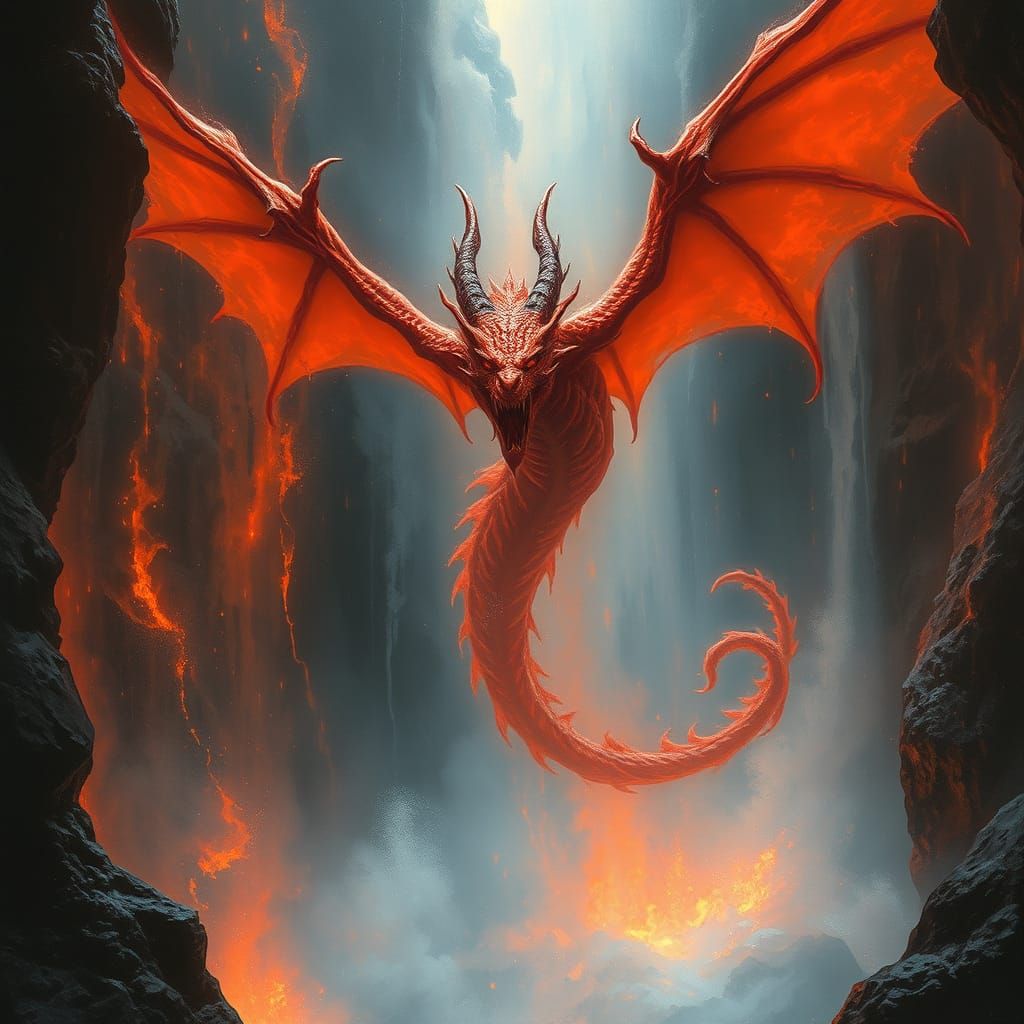 luis royo dark fantasy painting, a ghostly red dragon flying