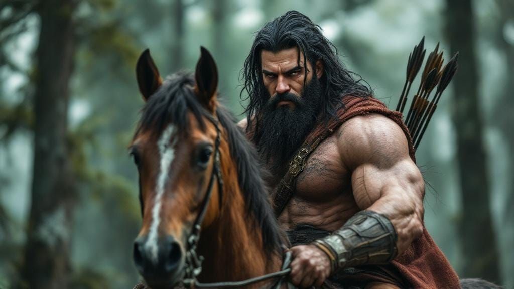 A masculine male centaur with a classic rugged handsome face...