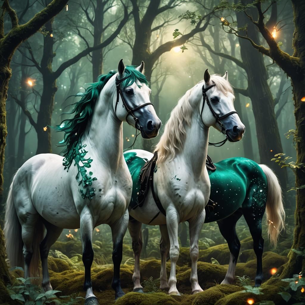Majestic Horses in Mystical Forest - Fantasy Concept Art