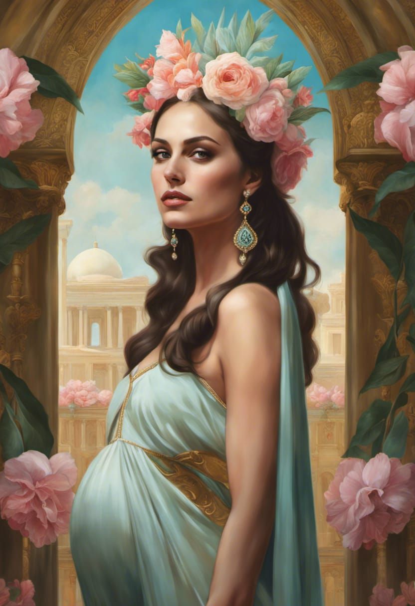 Glamorous Pregnant Goddess in Futuristic Village