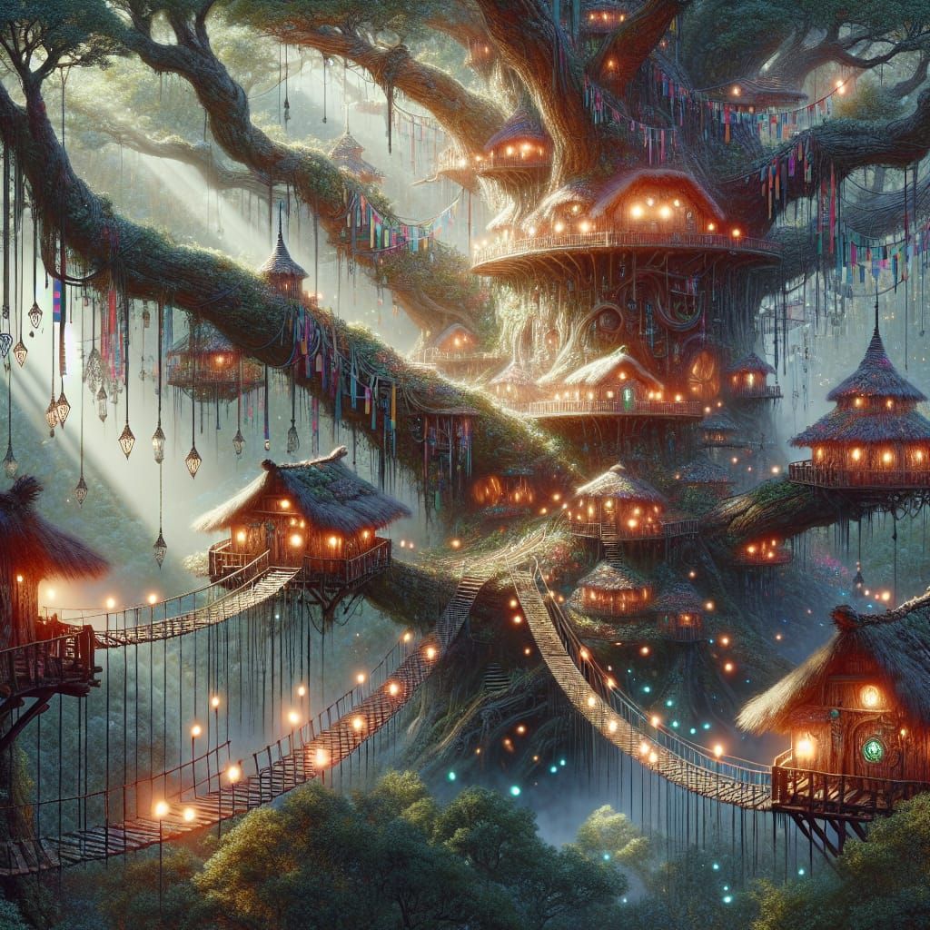 Enchanted Treehouse Village in Hyperrealistic Oil Paint