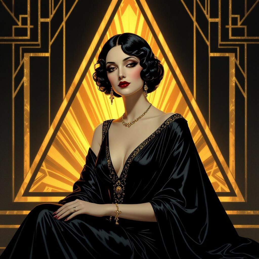 Art Deco Woman in Gilded Black Gown with Amber Glow