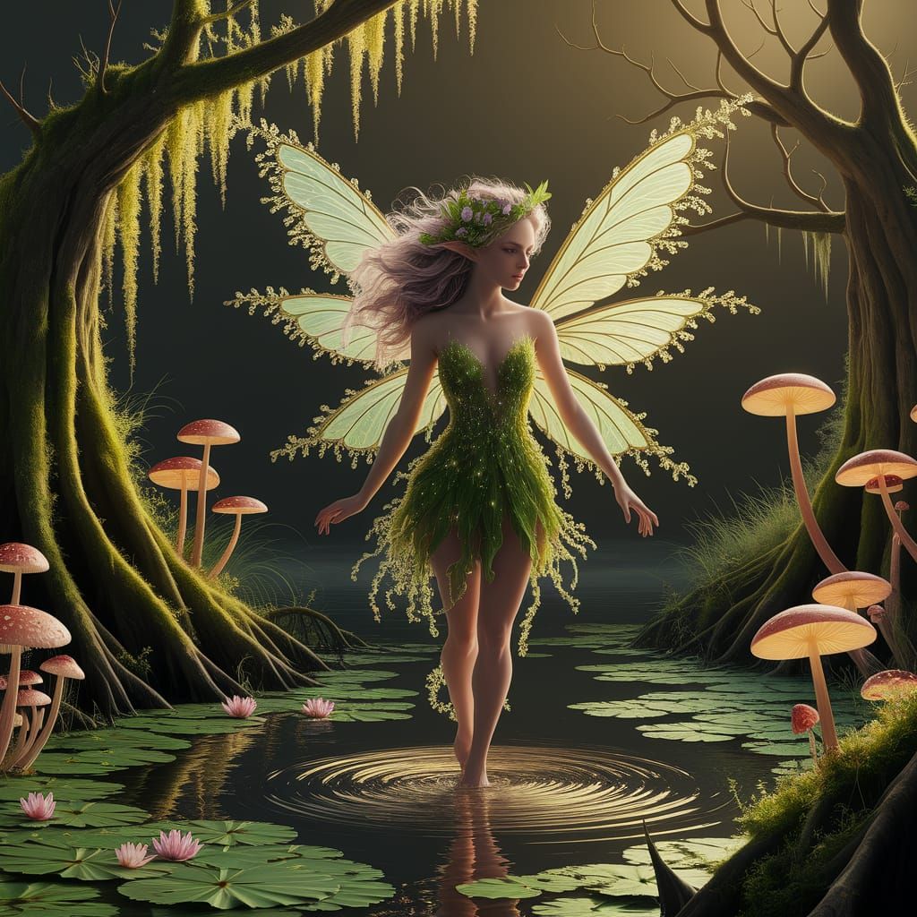 Moss Fairy Rising from Bioluminescent Swamp